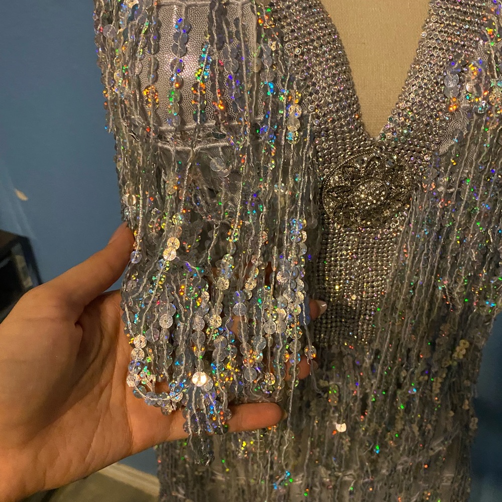 Silver Sequin Fringe Halter Dress - Disco Costume View 4